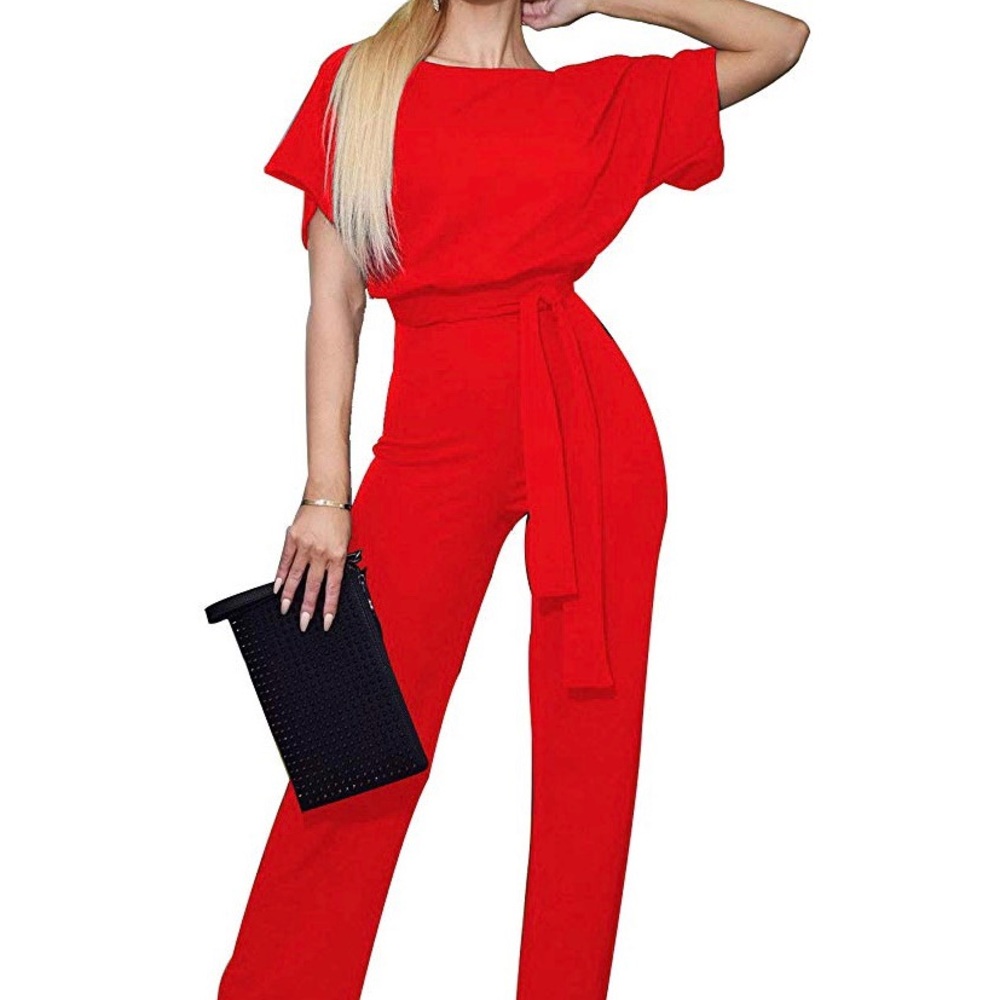 Short Sleeve Loose Fit Pant Jumpsuits with Belt